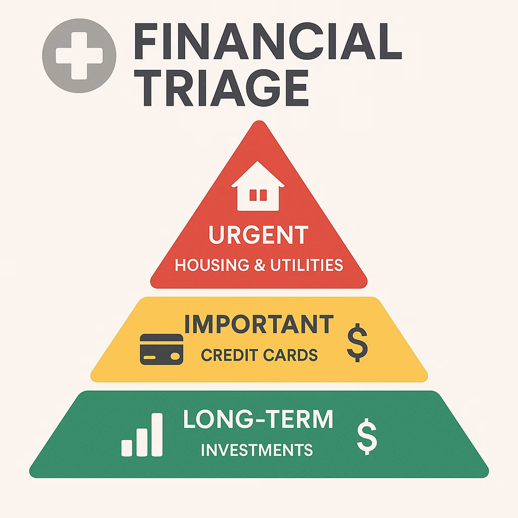 Financial triage system showing priority levels for expenses after job loss